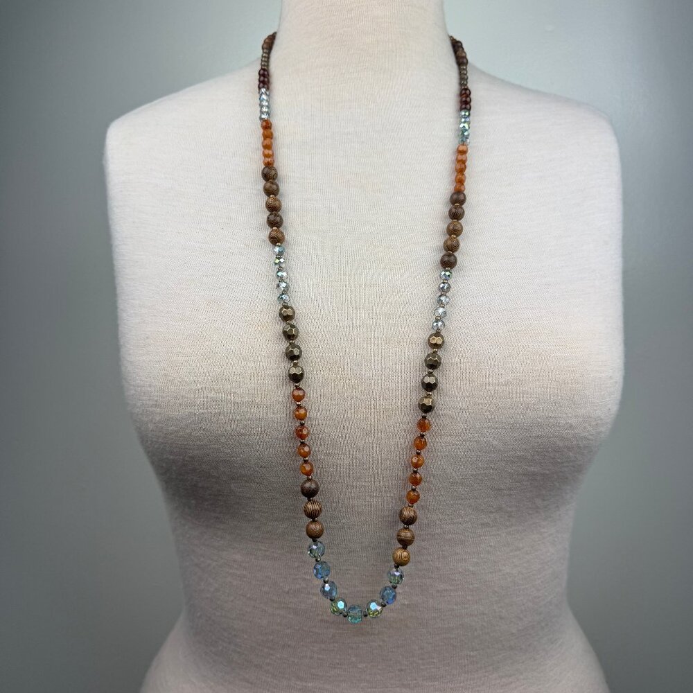 Charming Charlie Wood, Glass, Brass Necklace 41"